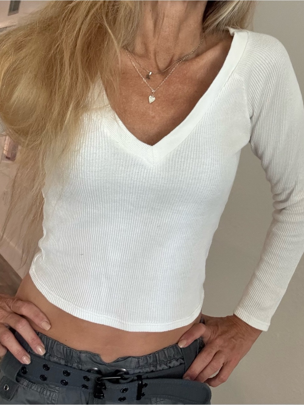 V Neck Ribbed Long-Sleeve Top - White S